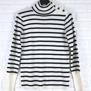 JCrew striped, mock neck sweater with buttons.